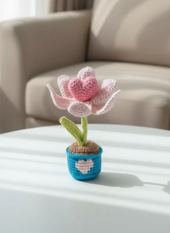 Mavi Saksıda Pembe Kalpli Örgü Lale - Dekoratif El Yapımı Çiçek