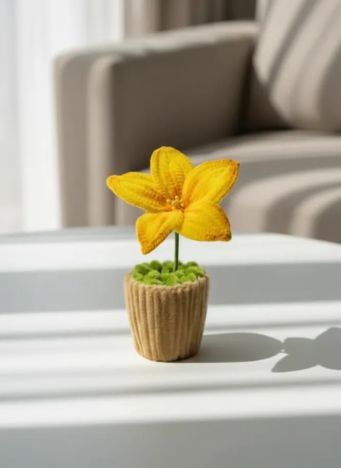 Sarı Şönil Tel Zambak Saksı Çiçeği - El Emeği Dekoratif Obje