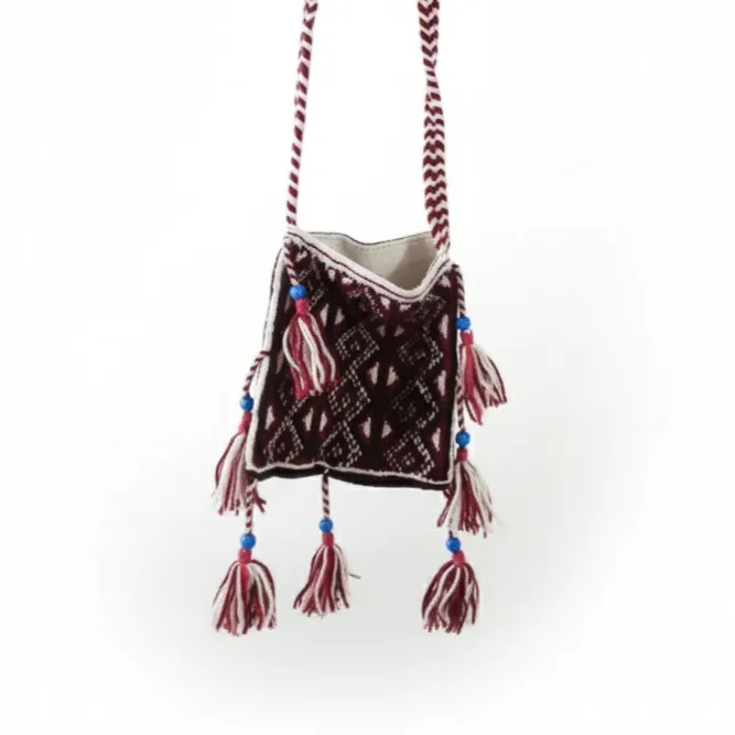 Desenli Örgü Heybe Çanta - Bohem Tarzı, Püsküllü, Süs Detaylı