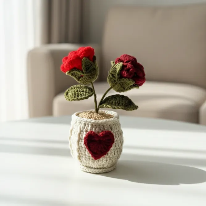 Kırmızı Bordo Gül El Örgüsü Saksı - Öğretmenler Günü Hediyesi