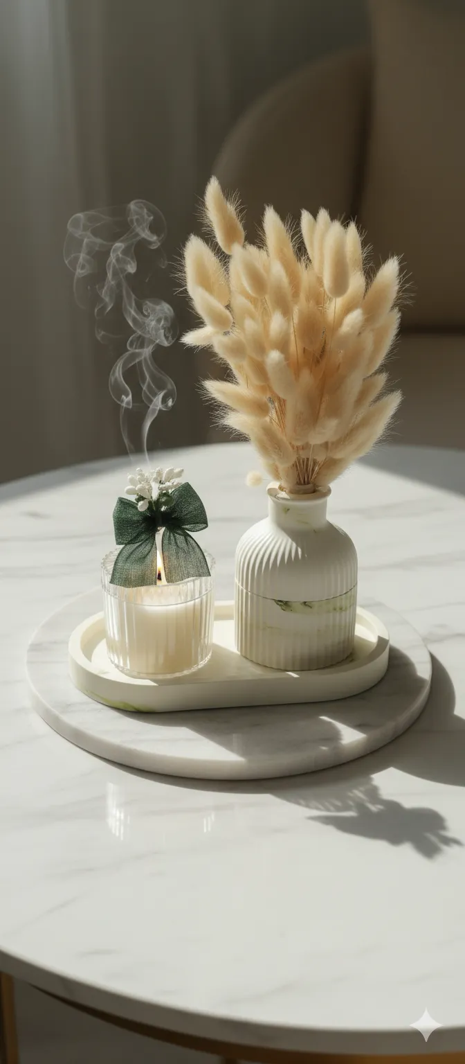 Kurutulmuş Çiçekli Vazo ve Kokulu Mum Seti – Dekoratif Hediyelik