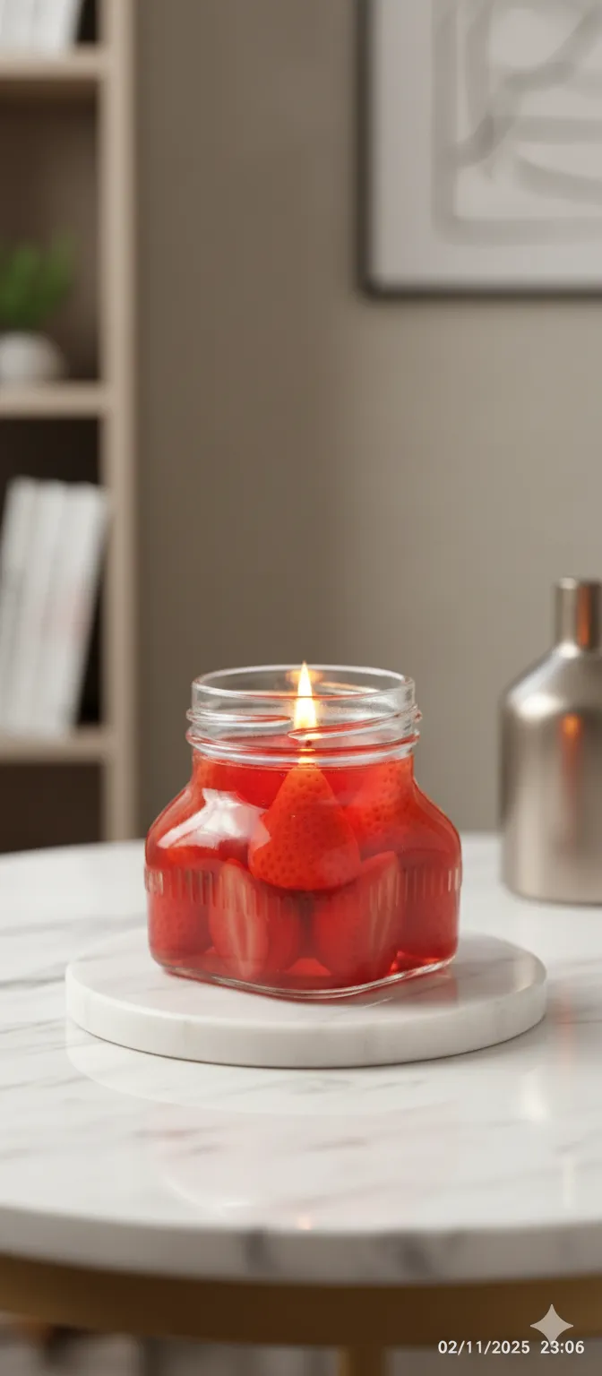 Çilek Reçeli  Temalı Soya Wax Jel Mum - El Yapımı Dekoratif Obje