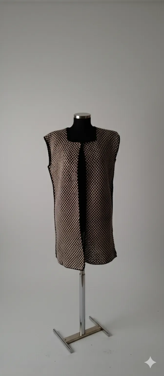 Desenli Örgü Uzun Yelek - Krem ve Kahverengi Renklerde - El Örgüsü