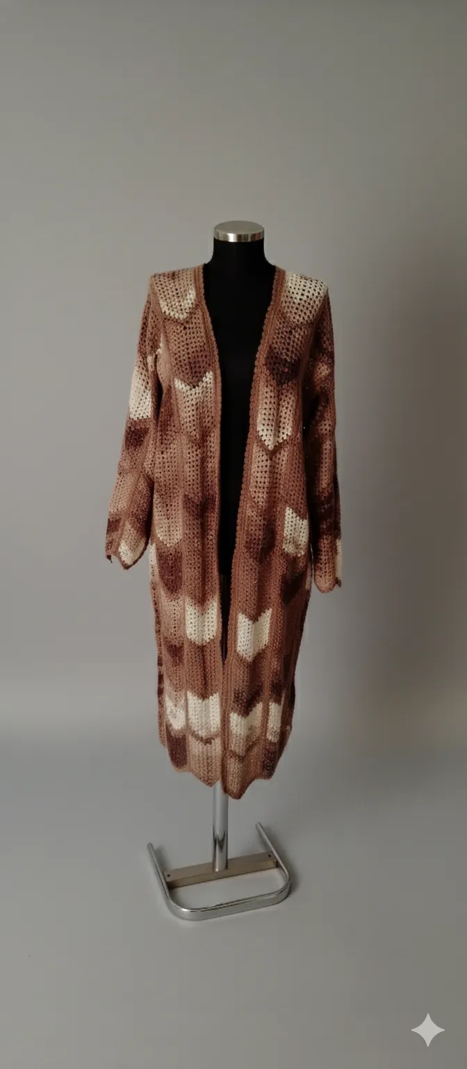 Kahverengi Tonlarında Desenli Örgü Uzun Hırka - Pamuklu El Emeği