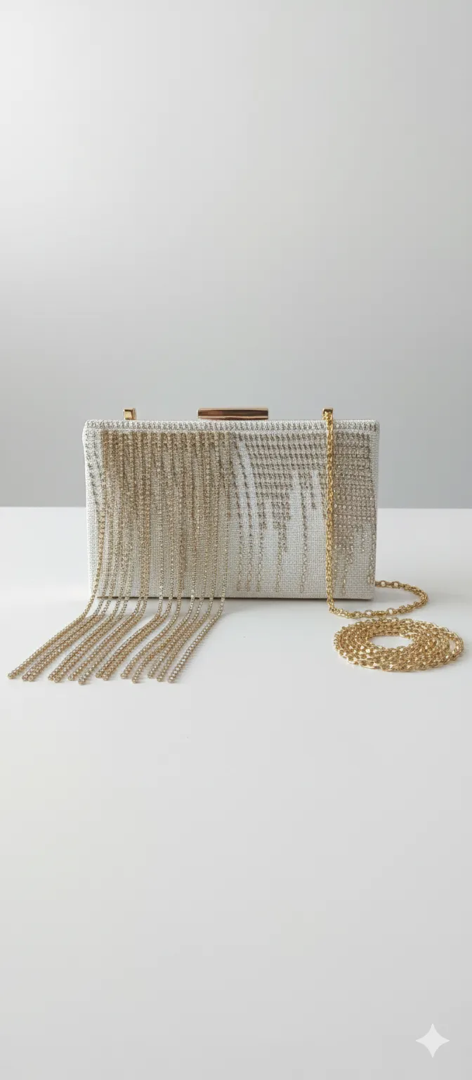 Gold Tel Kırma İşlemeli Zincirli Şık El Çantası – Püsküllü Özel Tasarım