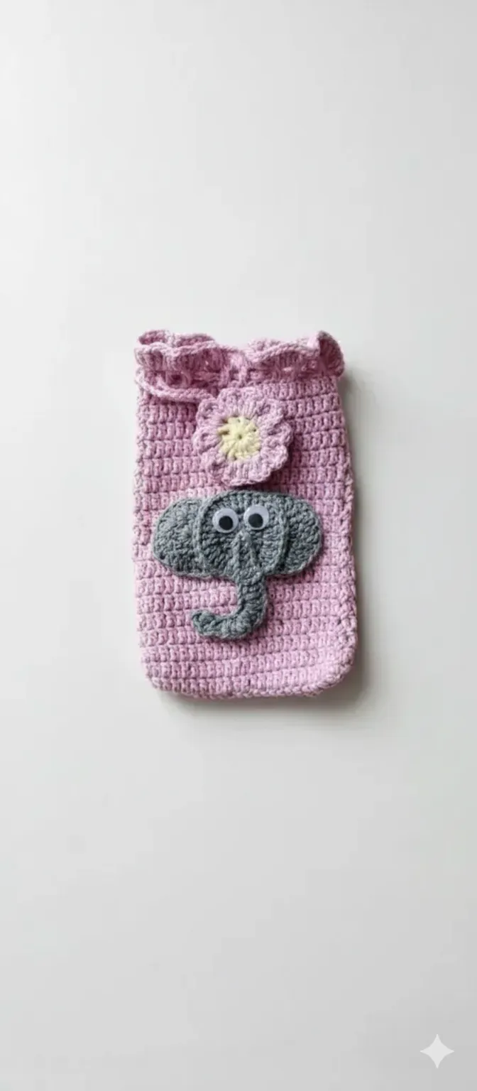 Lila Örgü Telefon Çantası - Gri Fil ve Çiçek Detaylı - El Örgüsü