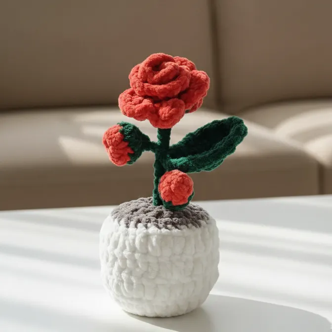 Turuncu ve Yeşil Peluş Gül Tasarımlı Krem Saksılı Dekoratif Çiçek