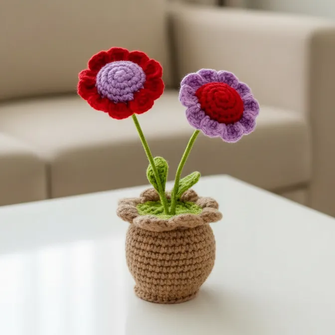 Örgü Saksıda Çiçek Buketi - Dekoratif El Yapımı Papatya Çiçekler