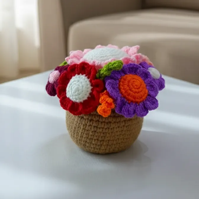 Örme Saksıda Rengarenk Çiçek Buketi - El Emeği Dekoratif Hediyelik