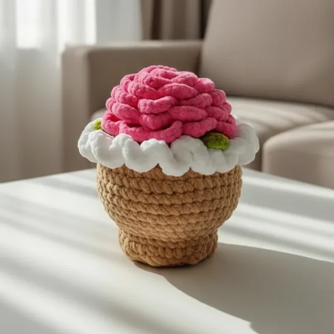 Pembe Kadife İp ile Örülmüş Dekoratif Gül Buketi - El Emeği