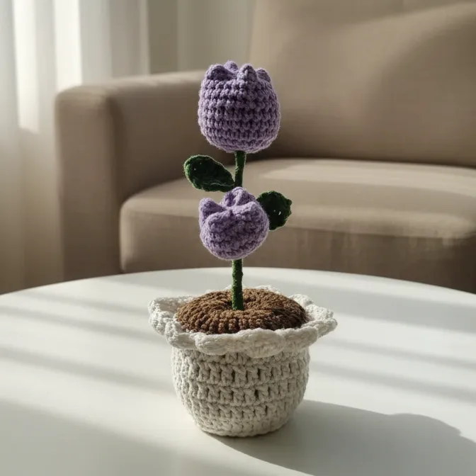 Örme Lila Lale Çiçek ve Krem Saksıda Dekoratif Hediyelik