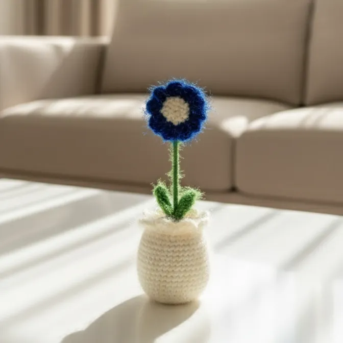 Örgü Saksıda Mavi Simli Çiçek - Dekoratif El Emeği Hediyelik