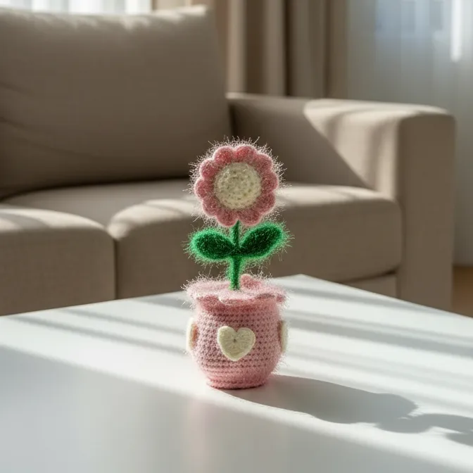 Pembe Örgü Saksıda Papatya - Simli İp Detaylı, El Emeği