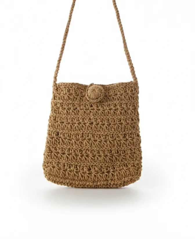Acı Kahve Hasır İp Örgü Omuz Çantası - Yıldız Desenli Tasarım