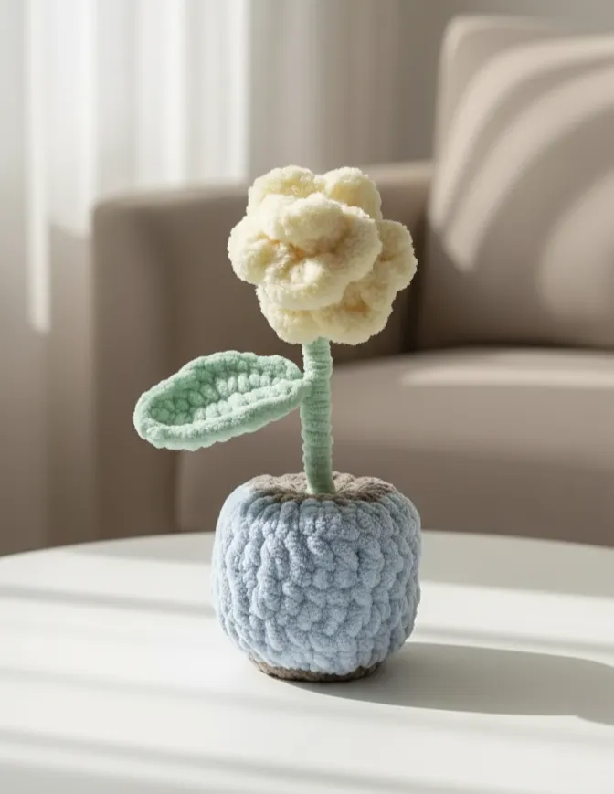 Sarı Kadife Gül ve Mavi Saksı - Amigurumi Dekoratif El Yapımı Çiçek