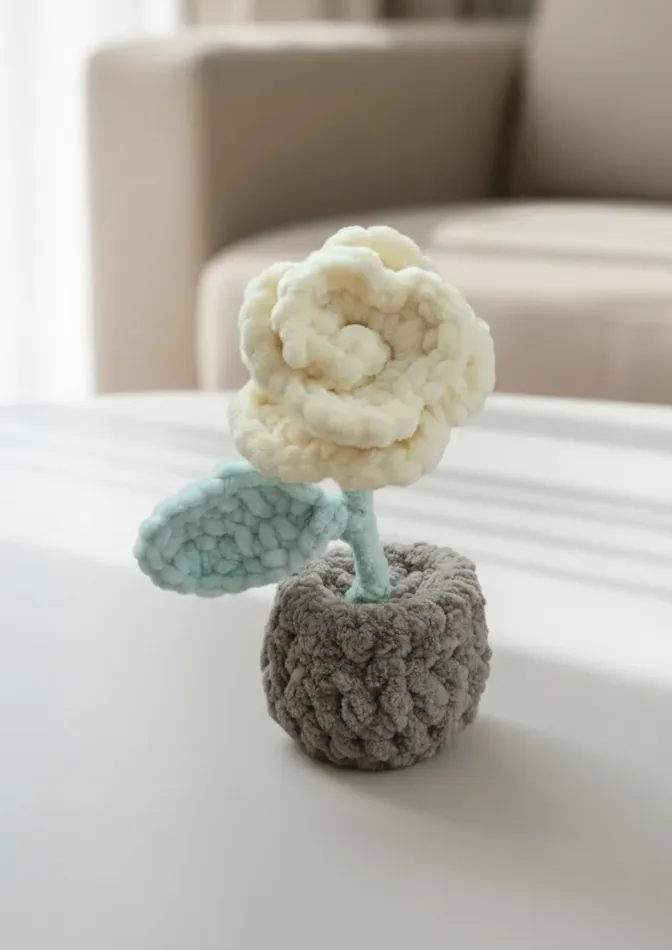 Sarı Renkli Tığ İşi Gül - El Emeği Dekoratif Örgü Çiçek