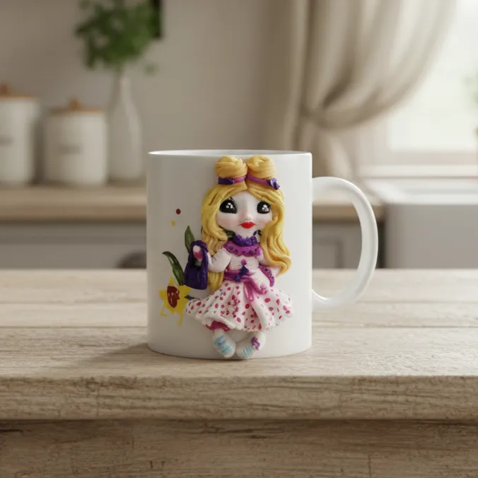 El Yapımı Polimer Kil Tasarım Kupa - Mini Kız Figürlü Hediye