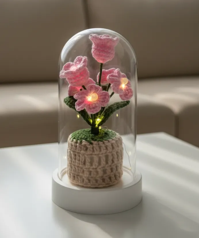 Cam Fanus İçinde Pembe Örgü Çiçek Aranjmanı ve İnci Detayları