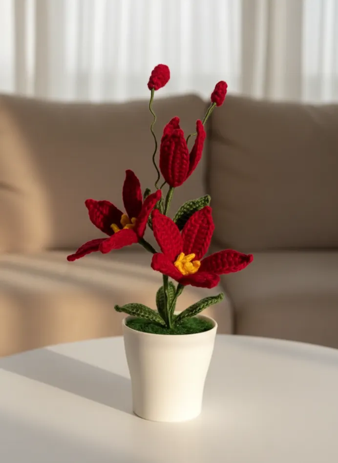 Red Knitted Lily Flower in Pot Decorative Home and Office Accessory