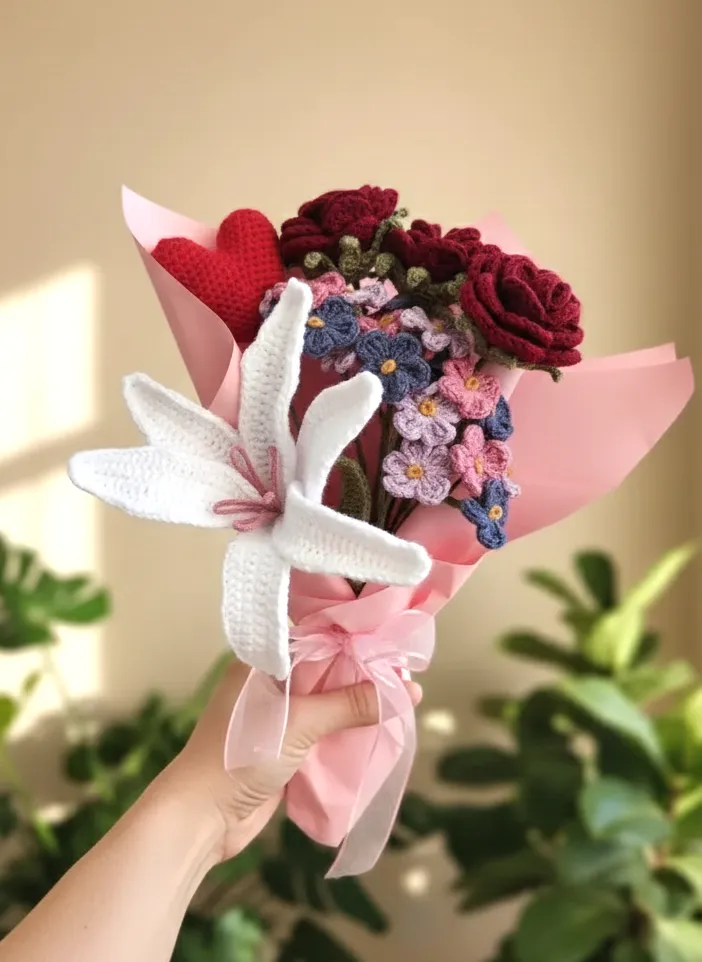 Handmade Crochet Rose, Lily and Heart Figure Special Design Flower Bouquet