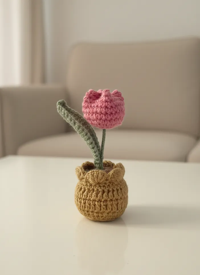Fuşya Örgü Lale Saksı - Tığ İşi Dekoratif Çiçek - El Yapımı