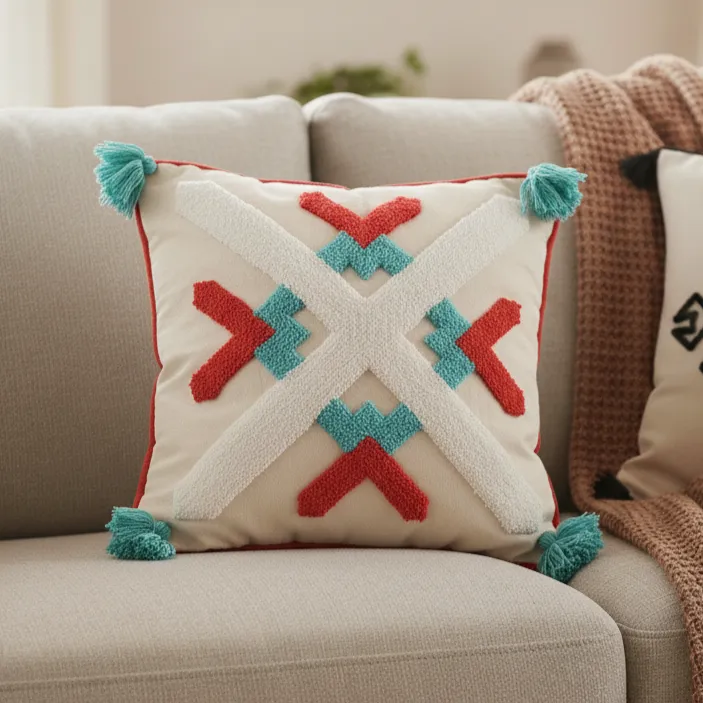 Geometrik Desenli Punch Yastık – El İşlemesi Dekoratif Kırlent, El Yapımı