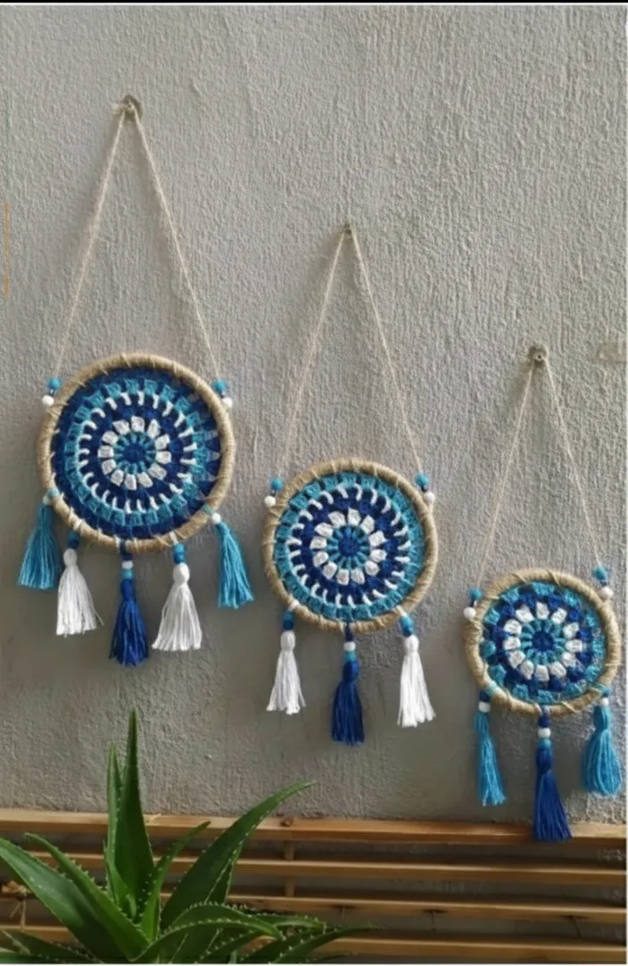 Mavi ve Beyaz Örgü Düş Kapanı Duvar Süsü - 3'lü Set