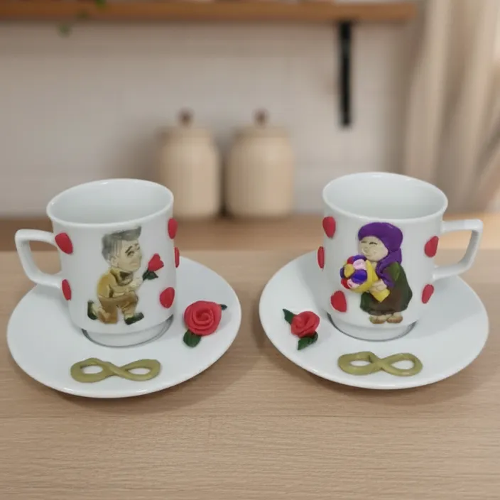 El Yapımı Polimer Kil Romantik İkili Kahve Fincanı Seti