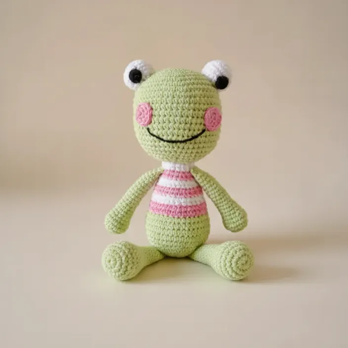 Yeşil Örgü Oyuncak Kurbağa - Pörtlek Gözlü ve Çizgili Elbise