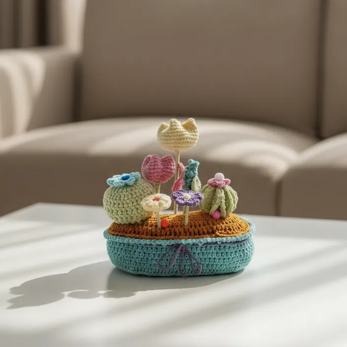 Örgü Çiçek ve Kaktüs Aranjmanı - Saksıda Dekoratif El Yapımı