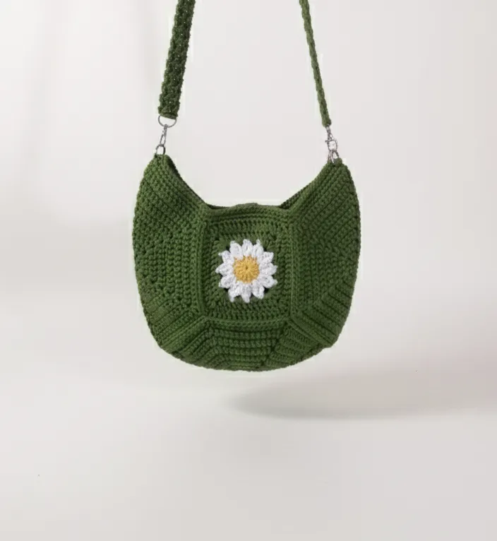 Soft Polyester İpten Özel El Örgüsü Papatya Detaylı Makrome Çanta