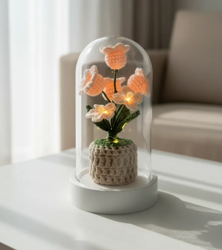 Salmon Color Knitted Flower Arrangement in a Glass Cloche - Handmade Gift