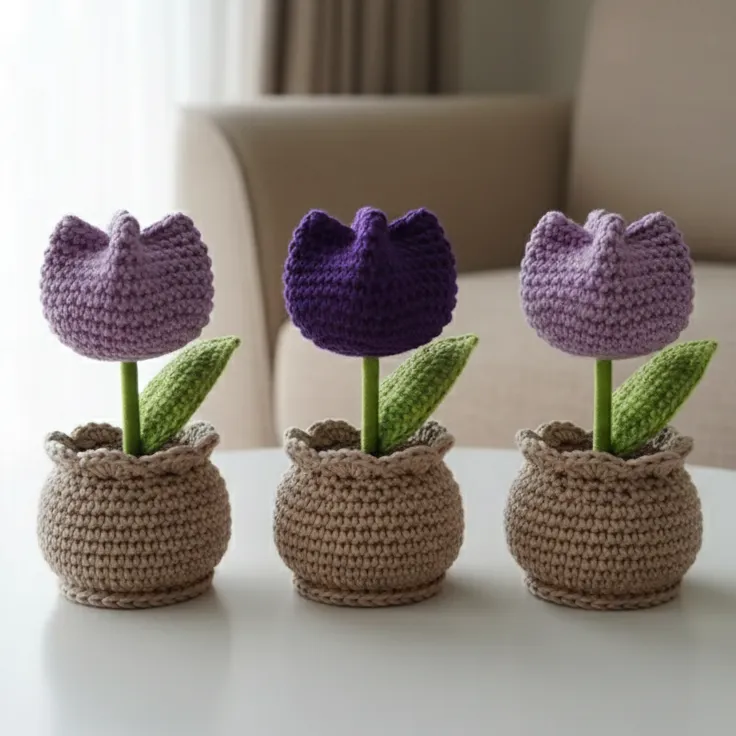 Örgü Karamel Saksıda Mor ve Lila Renkli Lale Buketi (3 Adet)