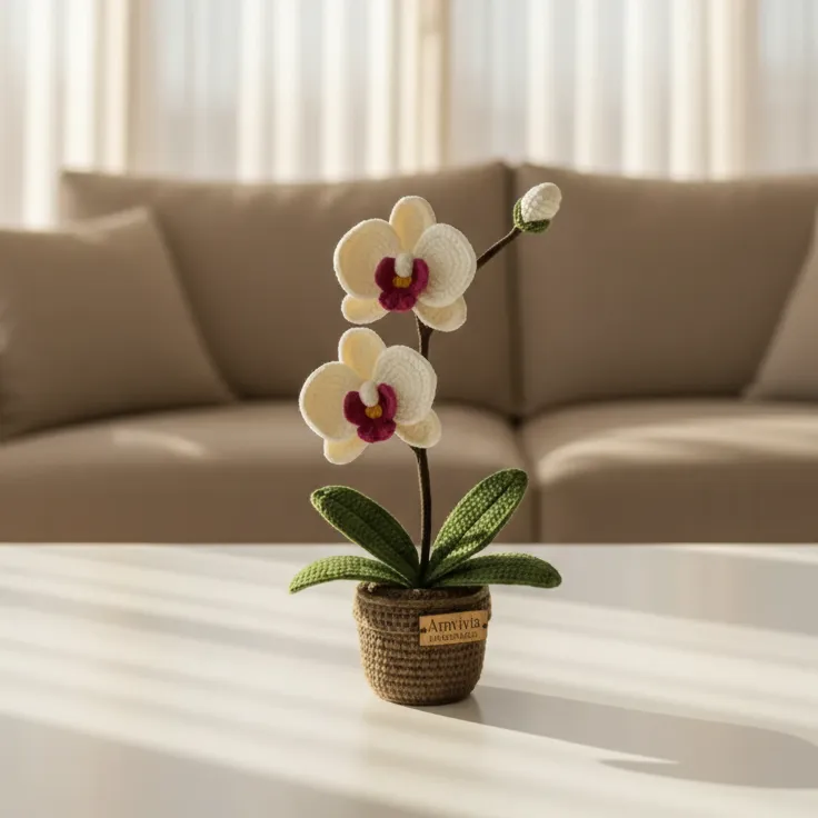 Krem Renkli Örme Orkide Saksı Çiçek - Solmayan Hediyelik