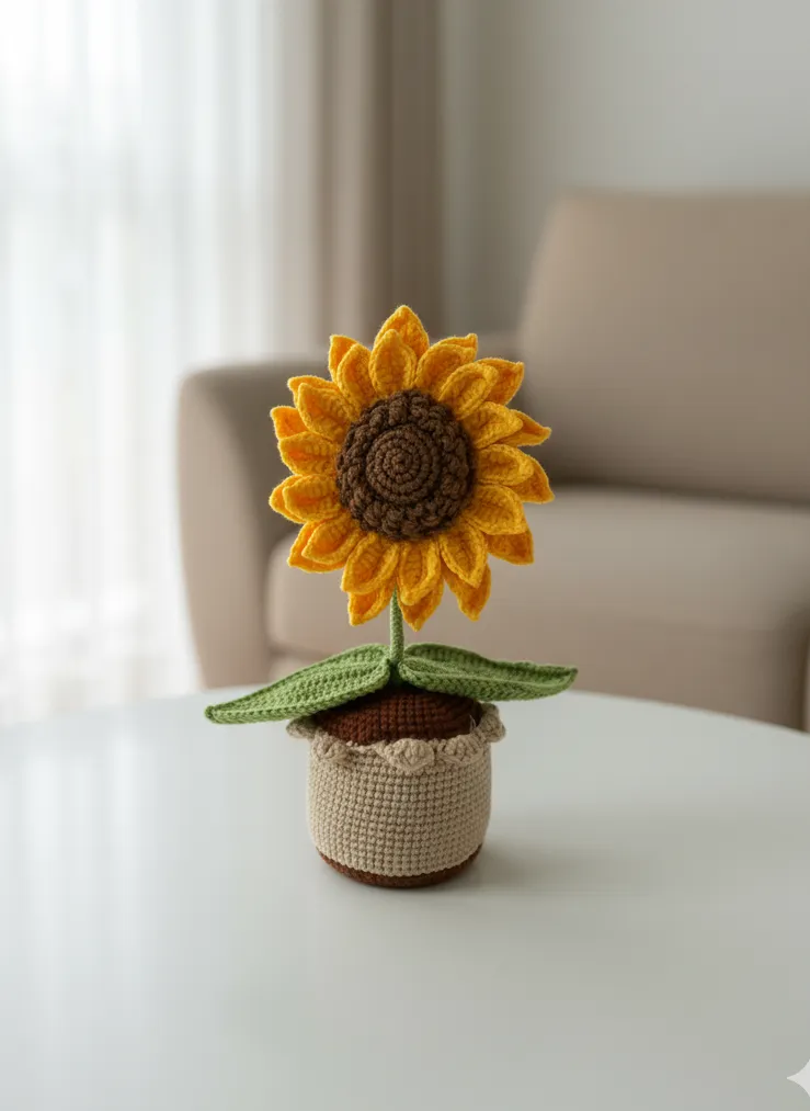 Sarı Renk Pamuk İpten Örme Saksılı Ayçiçeği Amigurumi - El Emeği
