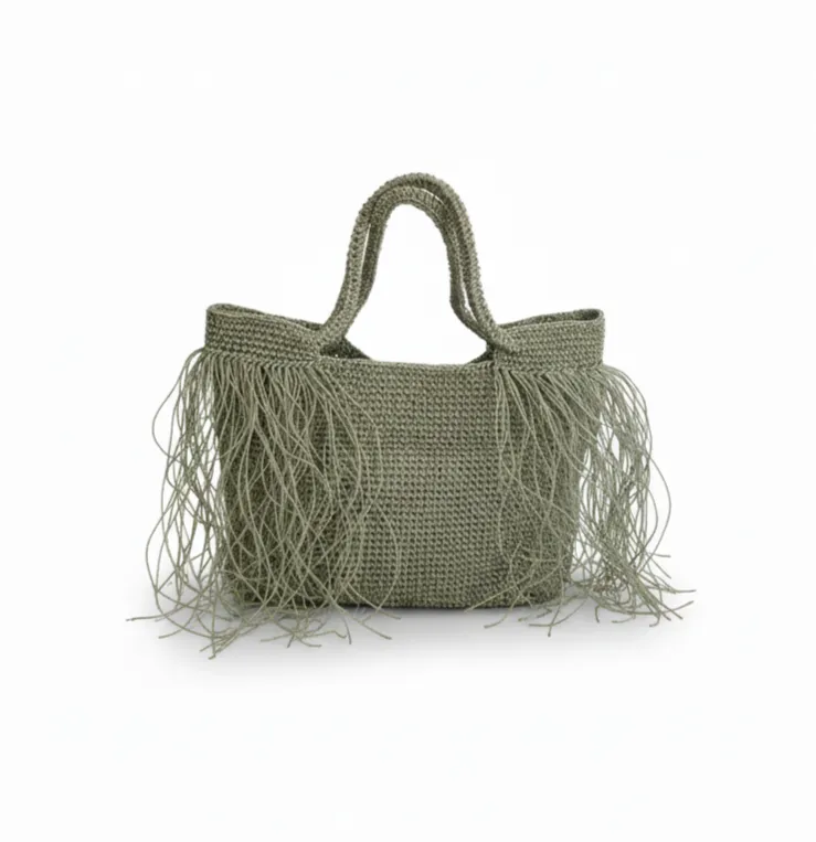 Yeşil Kağıt İp Örgü Saçaklı Plaj Çantası - Astarlı ve Çıt Çıt Kapamalı