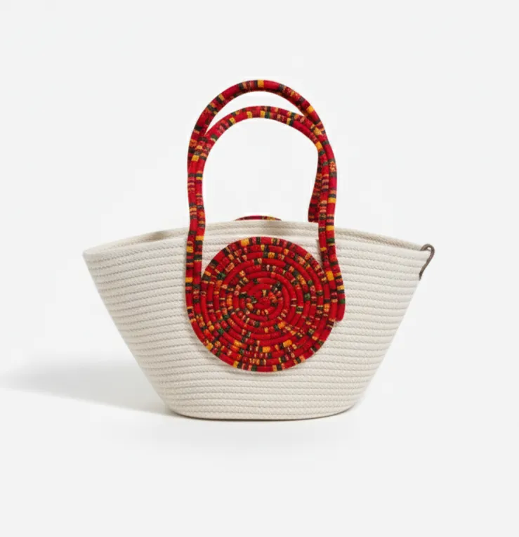 Hasır Görünümlü Kırmızı Desenli Saplı Çanta