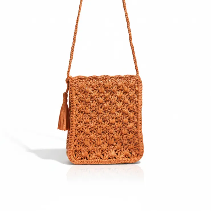 İthal Rafya İle Örülmüş Askılı Mini Turuncu Çanta