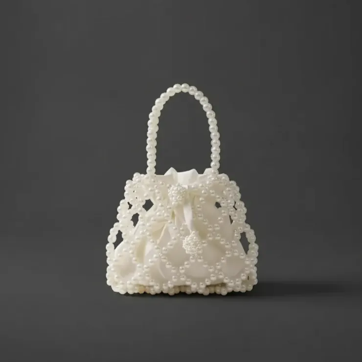 İnci Detaylı Beyaz Kumaş Çanta - El Emeği Özel Tasarım