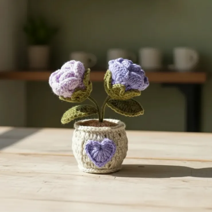 Mor ve Lila Örgü Gül Saksı - Öğretmenler Günü Hediyesi