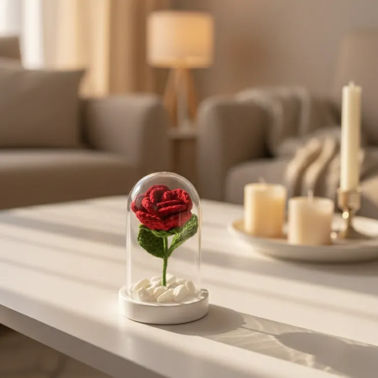 Plastik Fanus İçinde Örgü Kırmızı Gül - Dekoratif Hediyelik Eşya