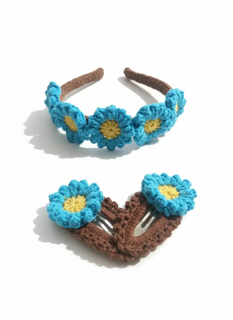 Mavi ve Sarı Çiçek Motifli Örgü Taç ve Toka Seti - El Yapımı