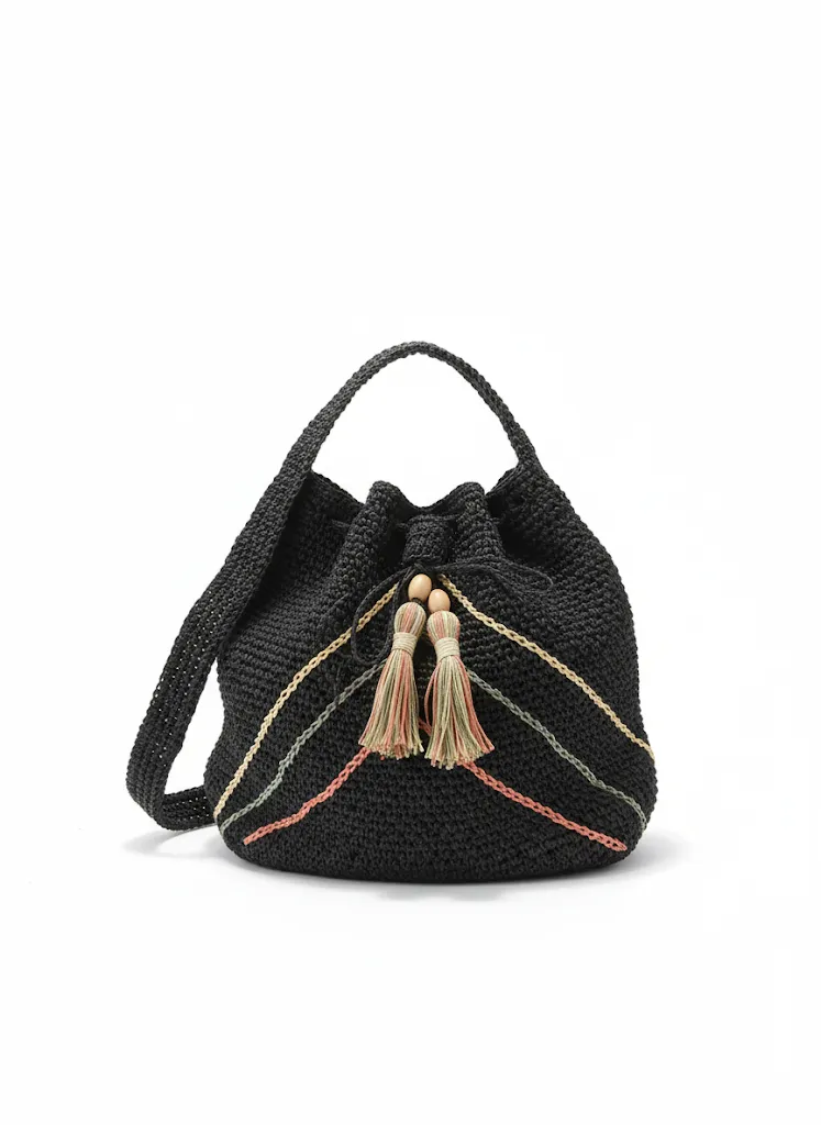 Siyah Örme Torba Çanta - Hasır Detaylı ve El Emeği Tasarım