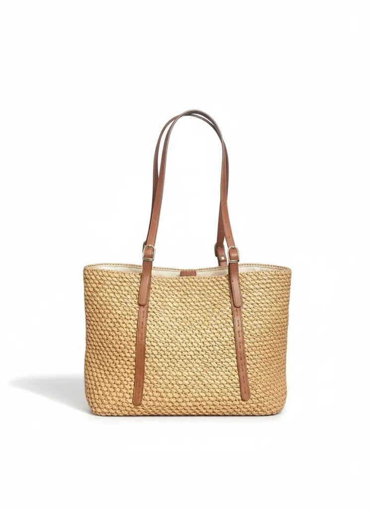 El Örgüsü Rafya İpliği Omuz Çantası - Kahverengi Deri Detaylı Plaj Çantası