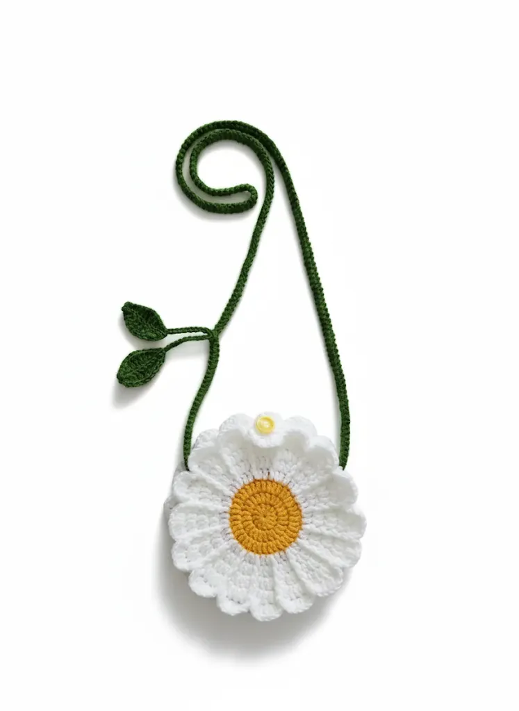 Örgü Papatya Çocuk Çantası - Akrilik İpten, Sarı ve Beyaz Renkli