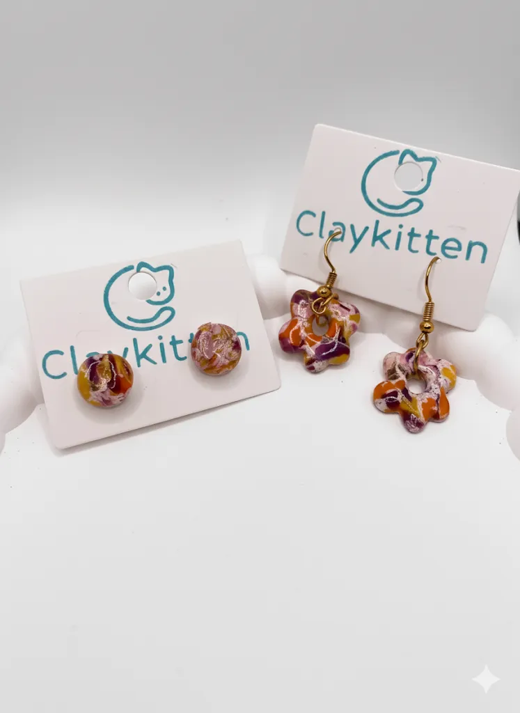 Handmade Polymer Clay Flower and Sphere Designed Colorful Earring Set