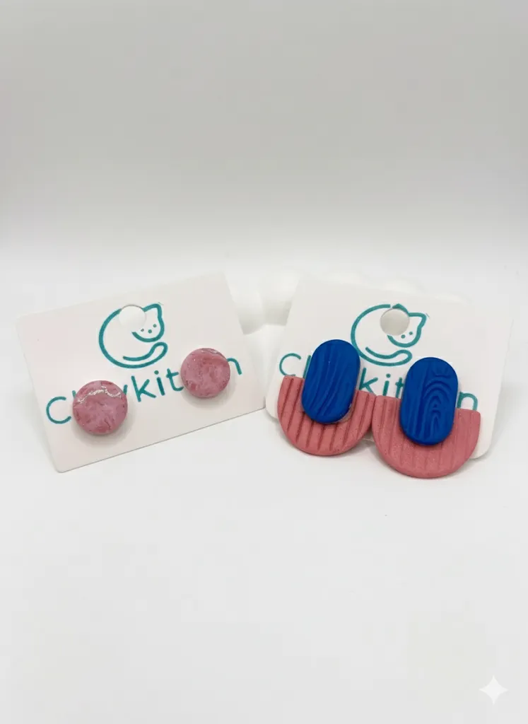 Handmade Pink and Blue Polymer Clay Earring Set | Fun Design