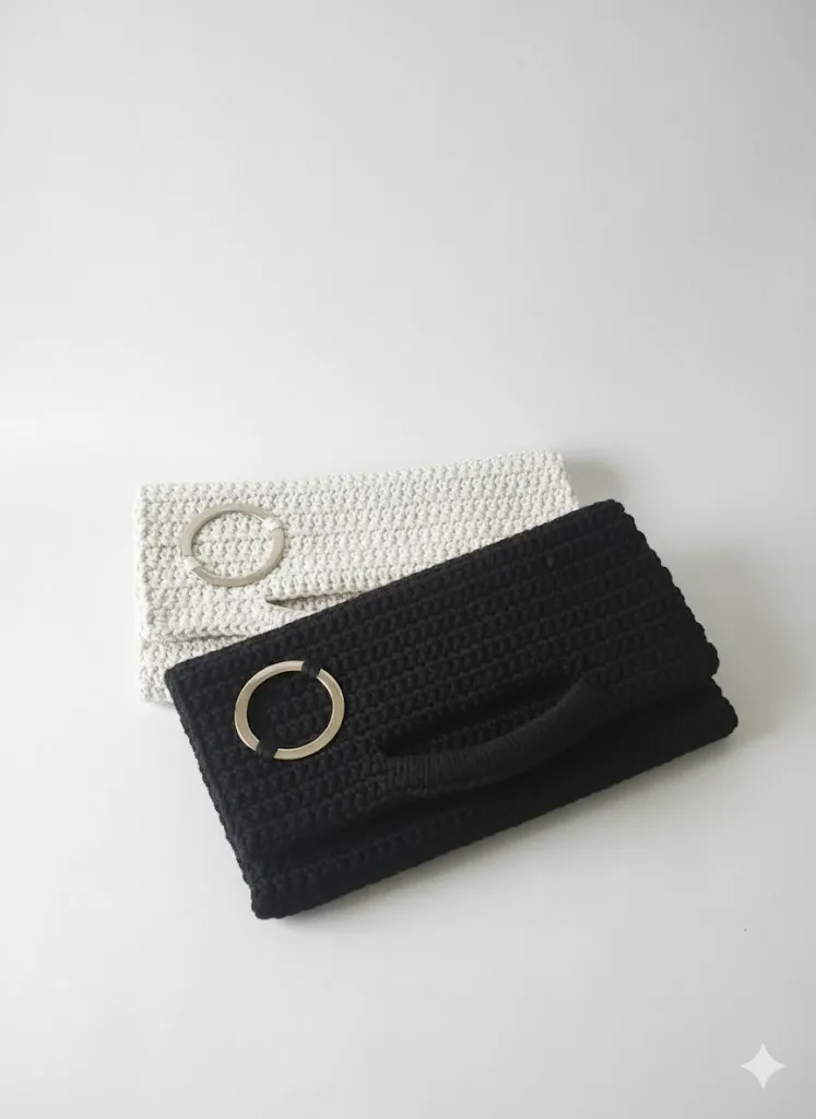 Knitted Macrame Handbag - Stylish Design, with Metal Ring, Handmade