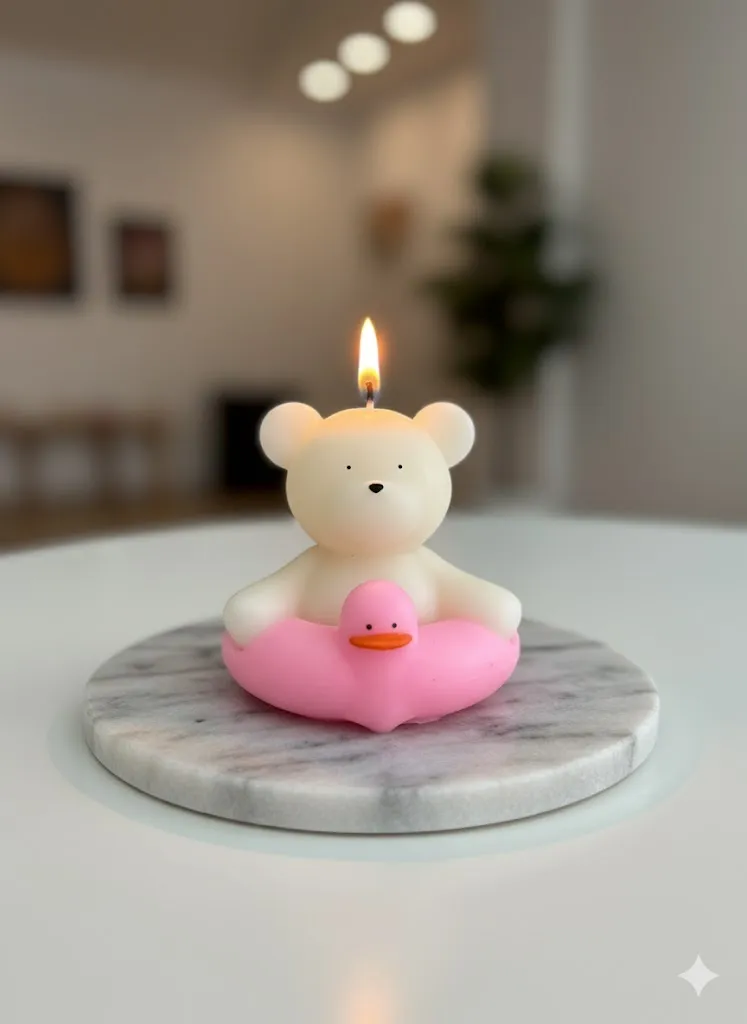 Beyaz Ayıcık ve Pembe Simitli Dekoratif Mum - Oda Kokusu Hediyelik