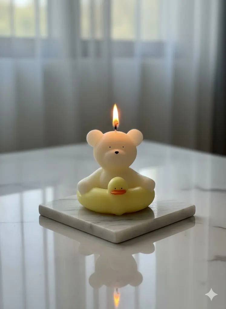 beyaz ayıcık şeklindeki  sarı altlıklı mum